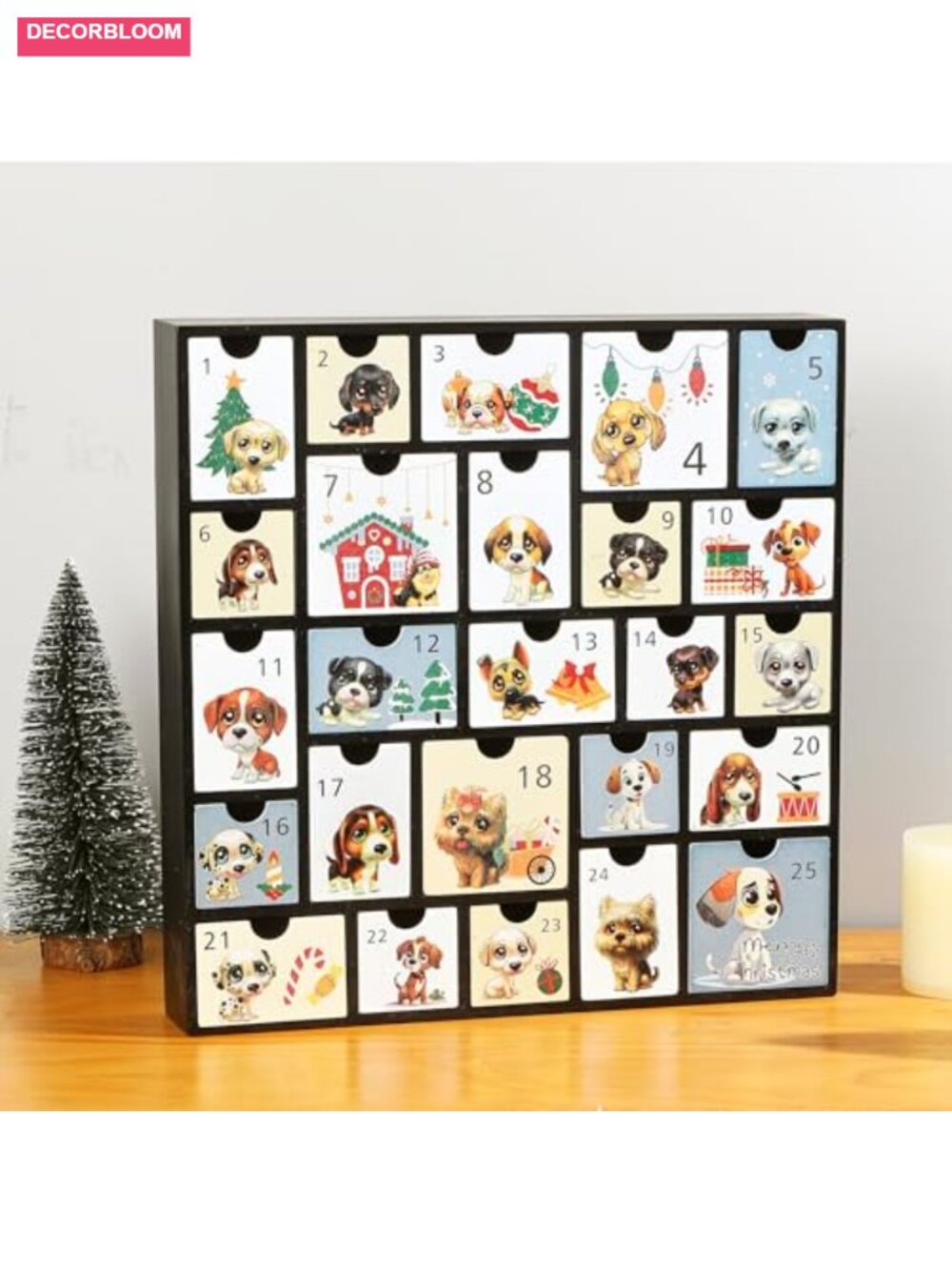 Wooden Dog Advent Calendar 25 Fillable Drawers Reusable Christmas Countdown